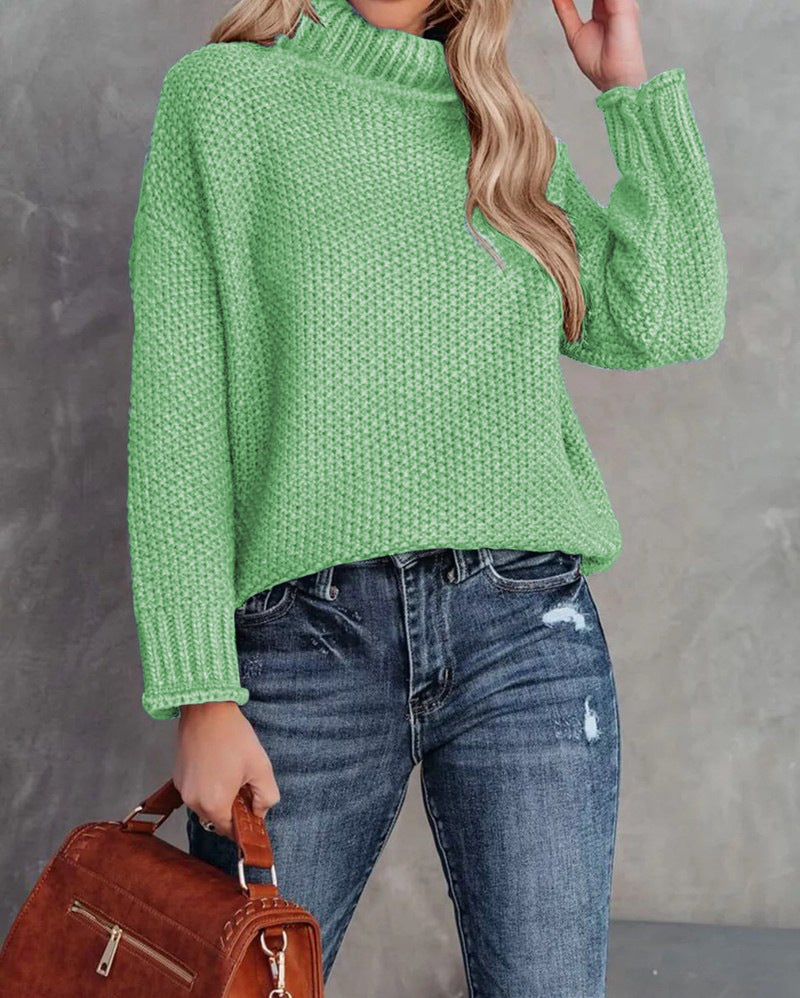 Chunky Waffle Stitch Turtleneck Pullover - LtGreen