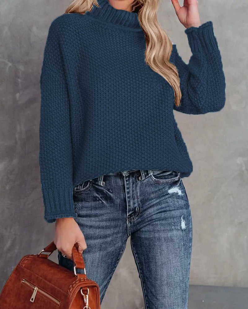 Chunky Waffle Stitch Turtleneck Pullover - NavyBlue