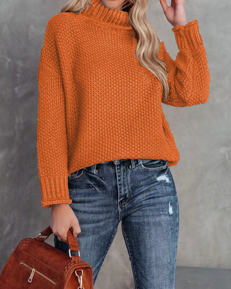 Chunky Waffle Stitch Turtleneck Pullover - Orange