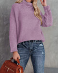 Chunky Waffle Stitch Turtleneck Pullover - Purple