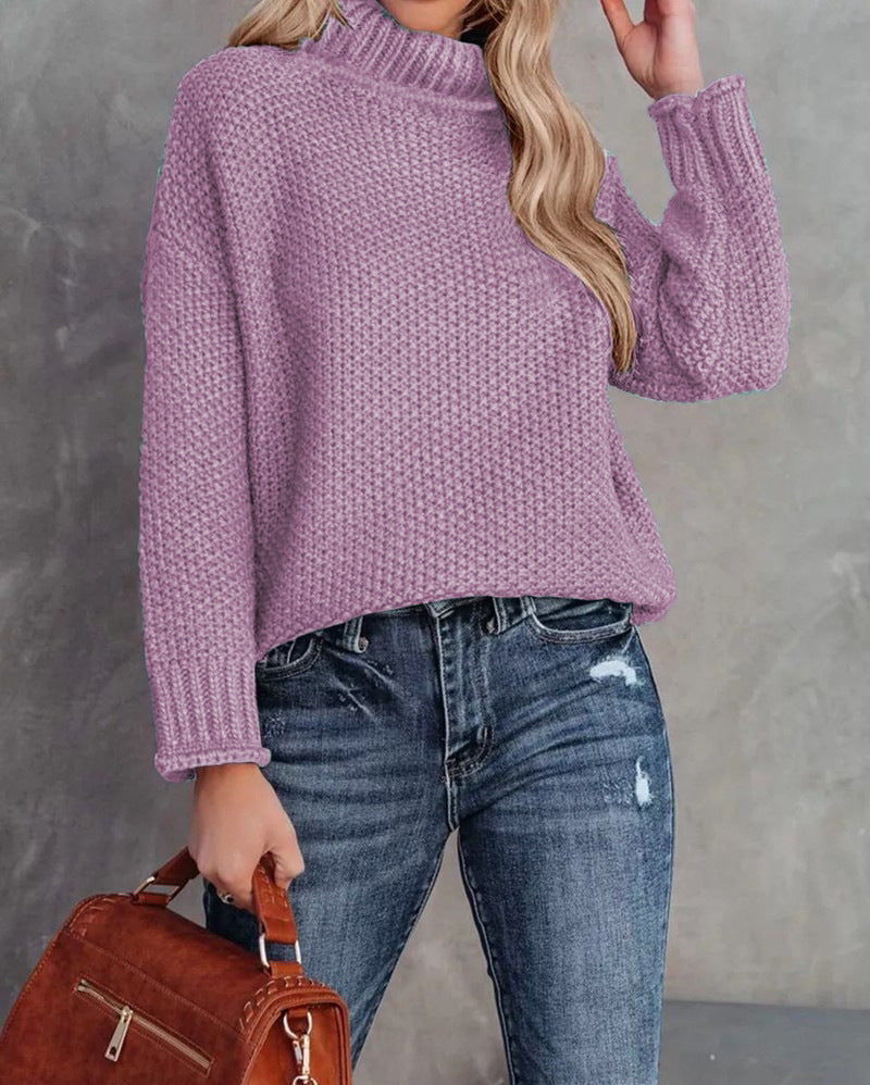 Chunky Waffle Stitch Turtleneck Pullover - Purple