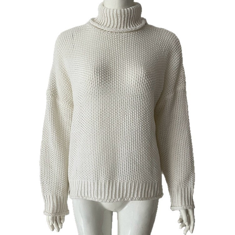 Chunky Waffle Stitch Turtleneck Pullover - White