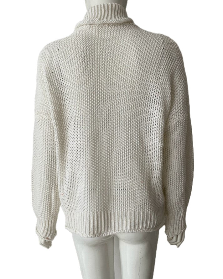 Chunky Waffle Stitch Turtleneck Pullover - White - 1
