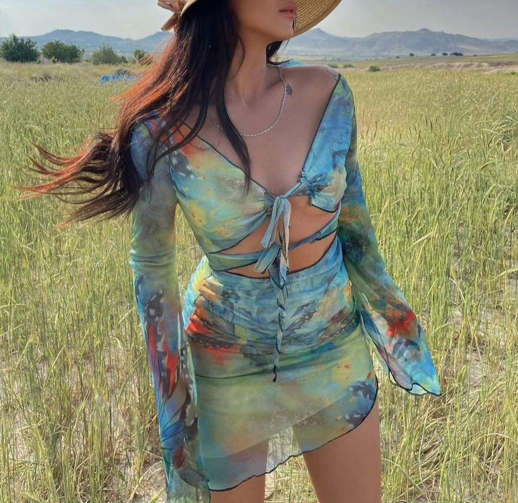Sheer Mesh Tie Front Ruched Mini Dress - Blue - 7