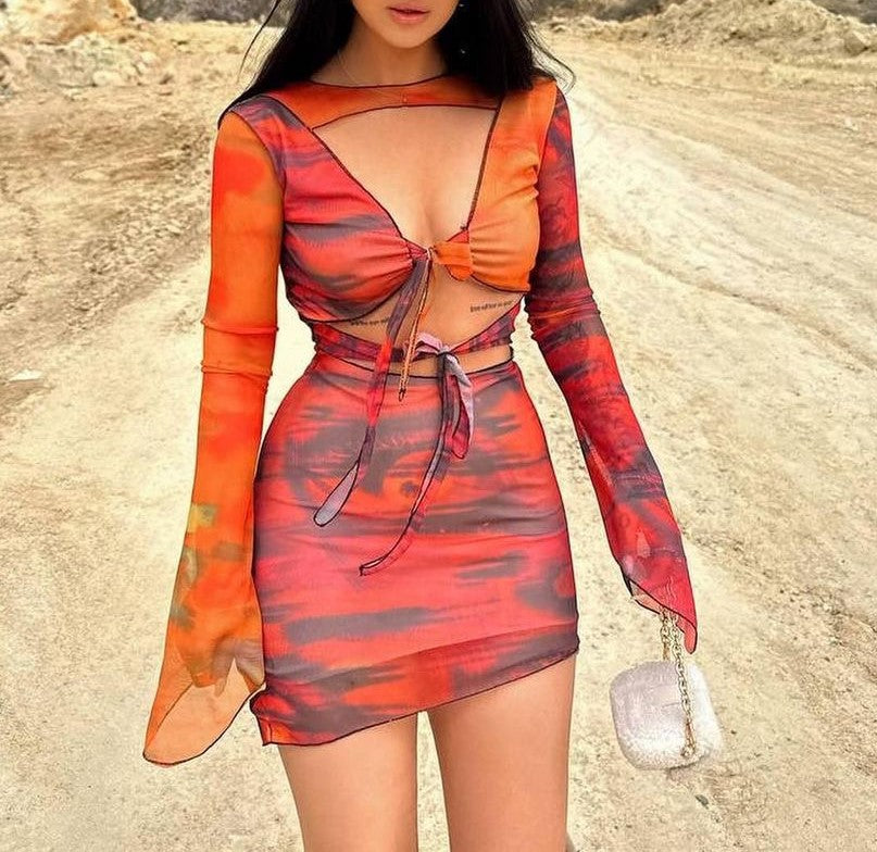 Sheer Mesh Tie Front Ruched Mini Dress - Orange - 1