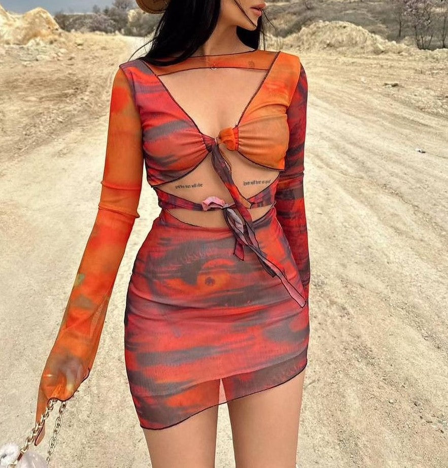 Sheer Mesh Tie Front Ruched Mini Dress - Orange - 2