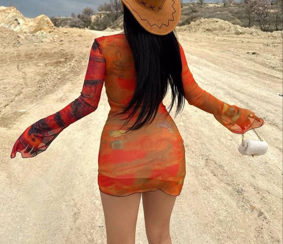 Sheer Mesh Tie Front Ruched Mini Dress - Orange - 5