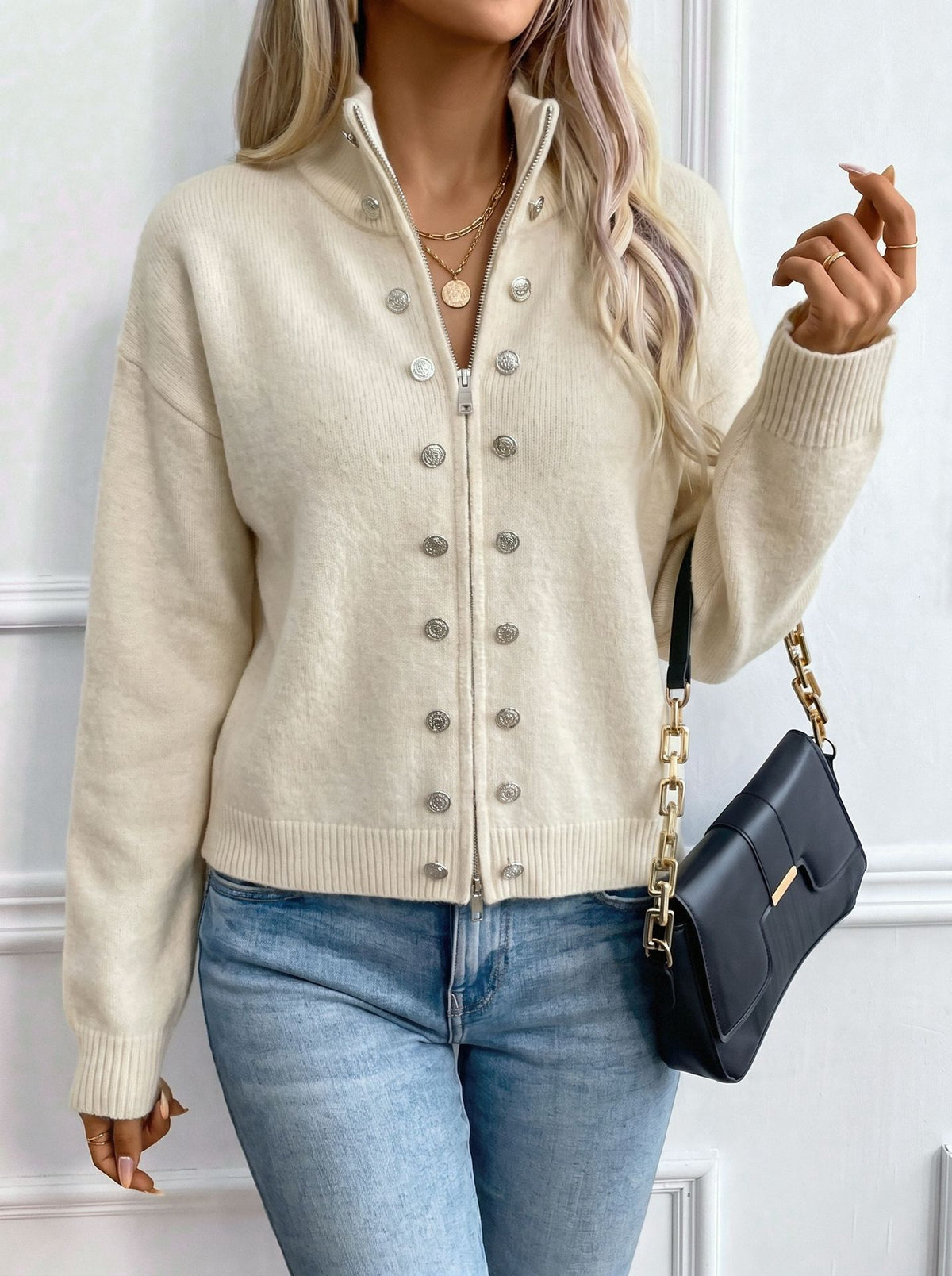 Stand Collar Knit Zip Jacket With Button Detail - Beige