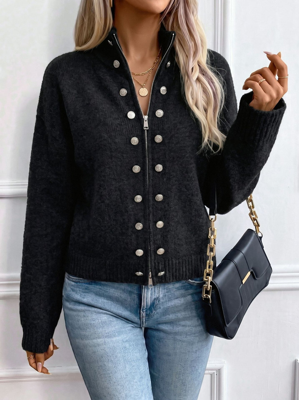 Stand Collar Knit Zip Jacket With Button Detail - Black