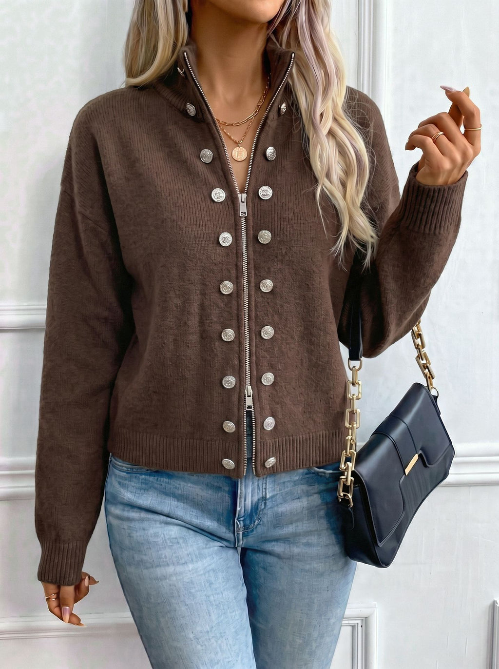 Stand Collar Knit Zip Jacket With Button Detail - Coffee