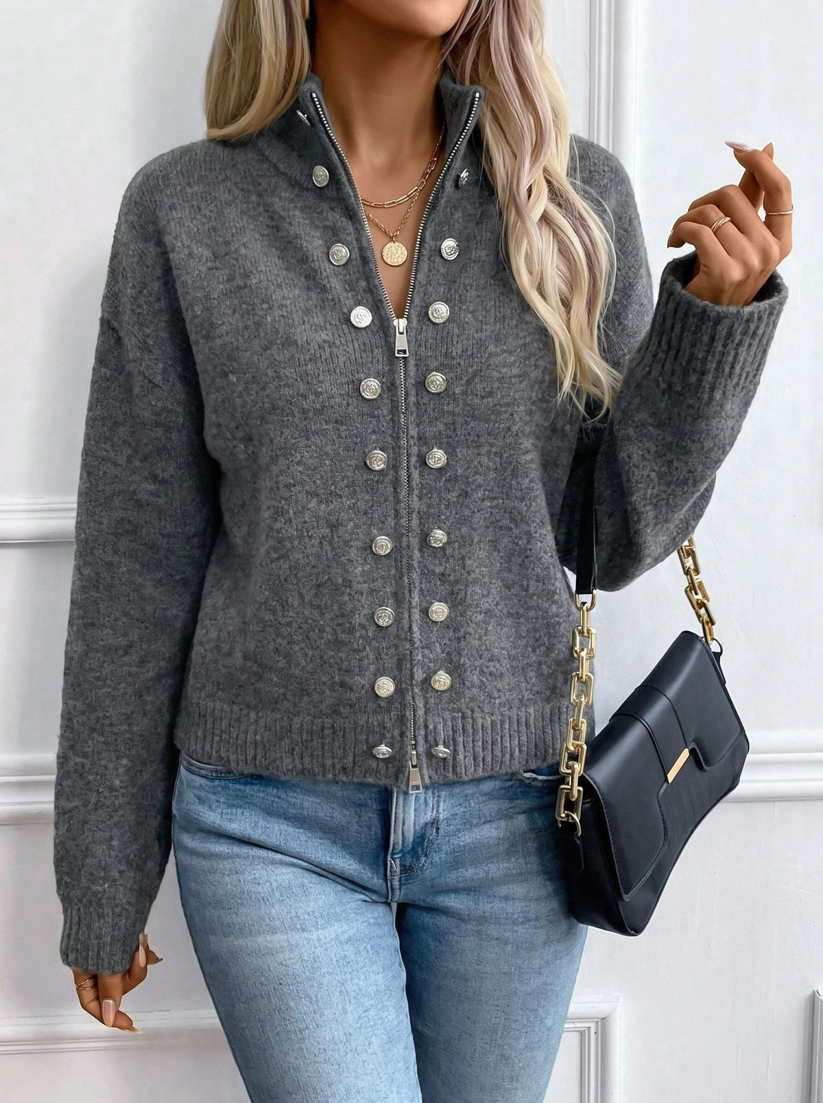 Stand Collar Knit Zip Jacket With Button Detail - DarkGrey