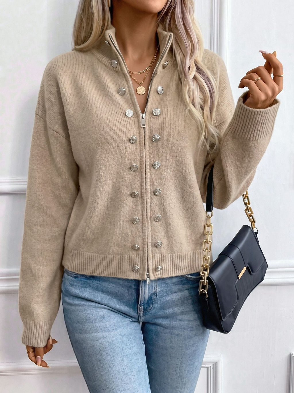 Stand Collar Knit Zip Jacket With Button Detail - Khaki