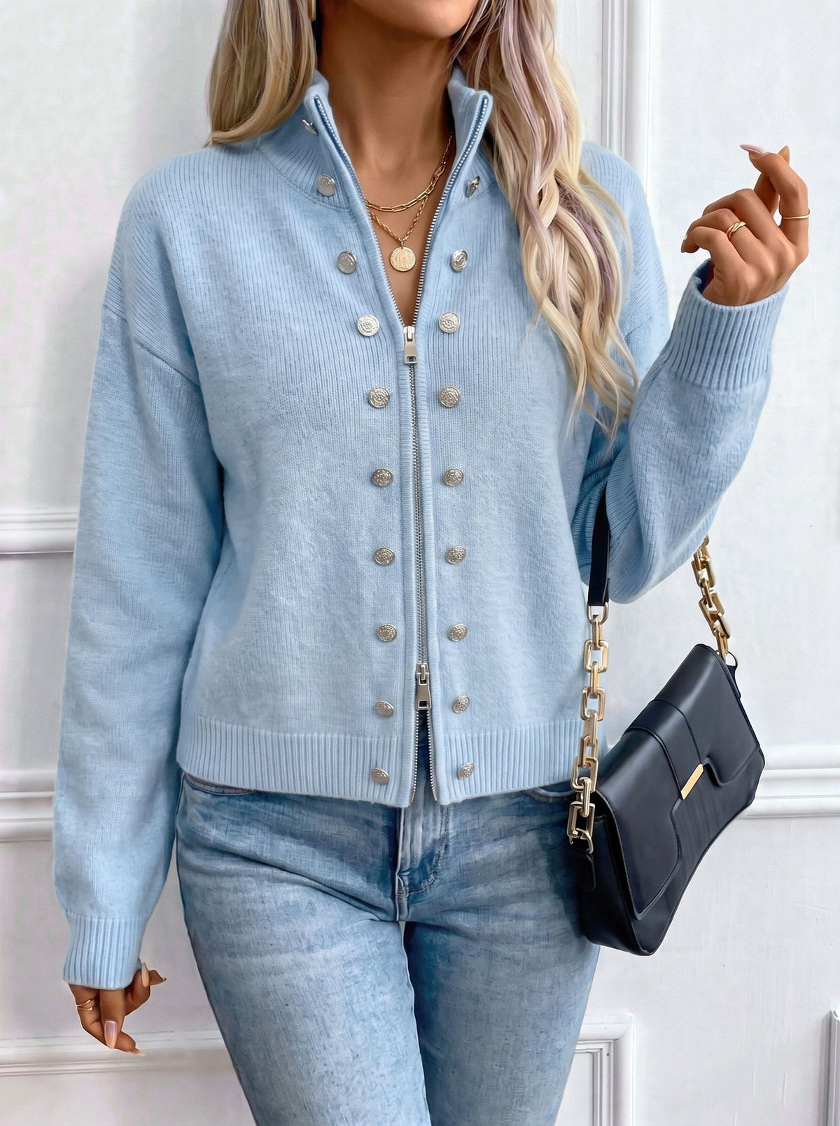 Stand Collar Knit Zip Jacket With Button Detail - LightBlue