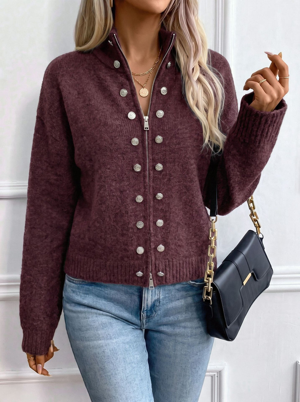 Stand Collar Knit Zip Jacket With Button Detail - Mauve