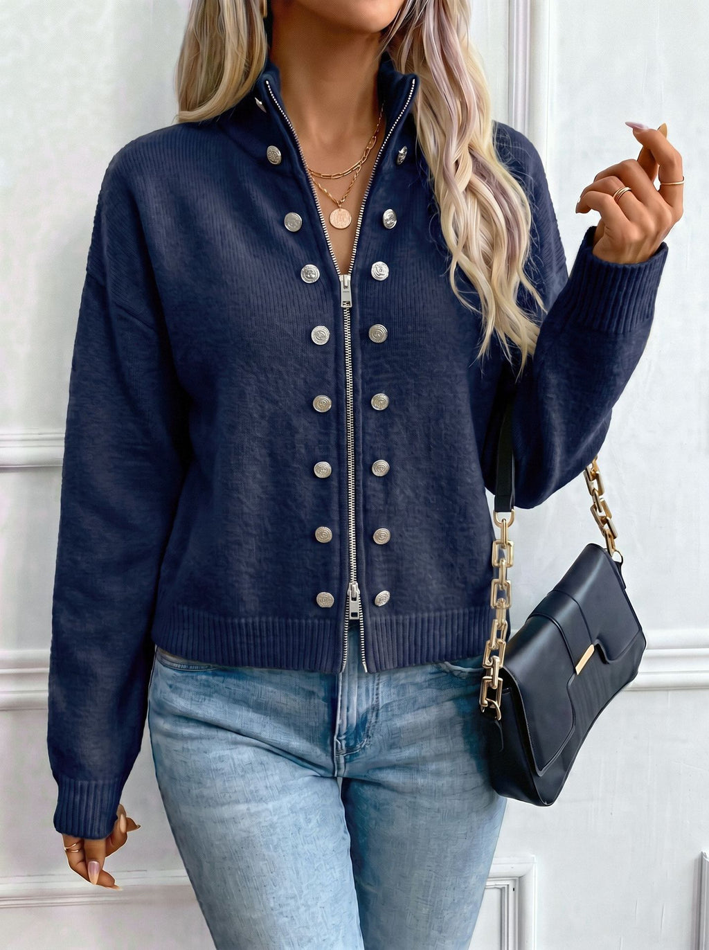 Stand Collar Knit Zip Jacket With Button Detail - Navy