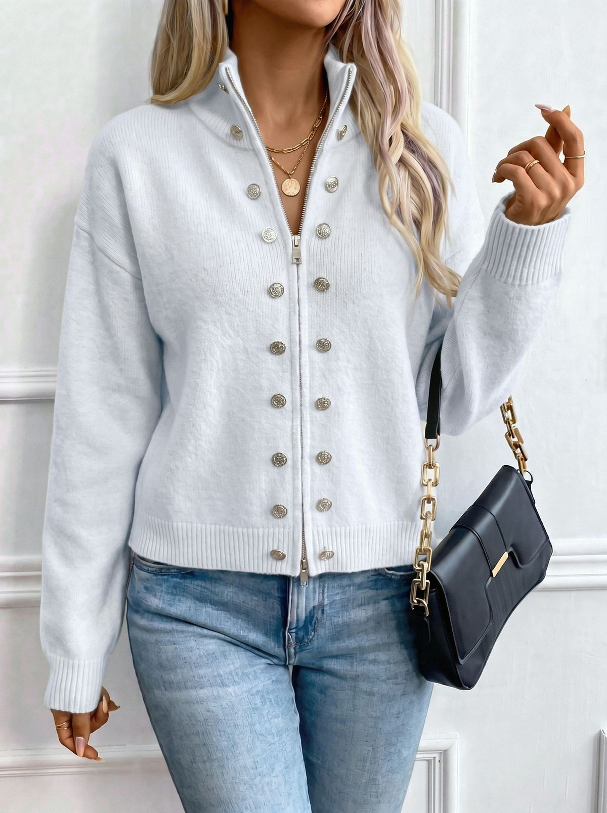 Stand Collar Knit Zip Jacket With Button Detail - OffWhite