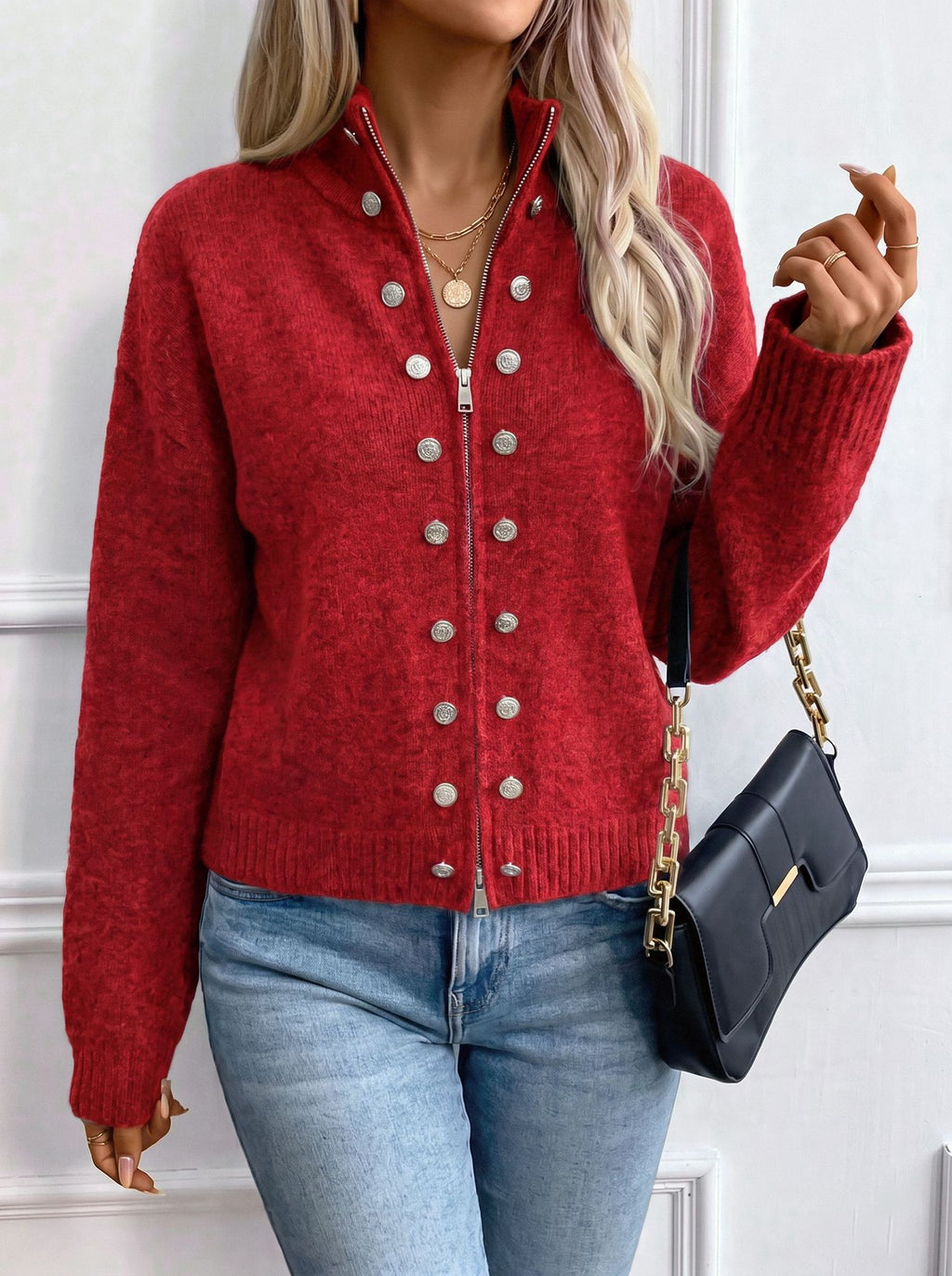 Stand Collar Knit Zip Jacket With Button Detail - Red