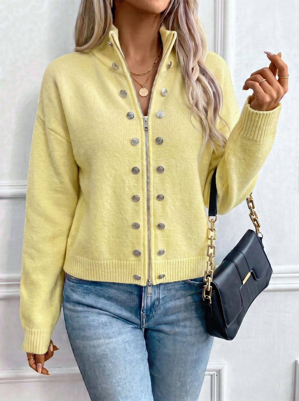 Stand Collar Knit Zip Jacket With Button Detail - Yellow