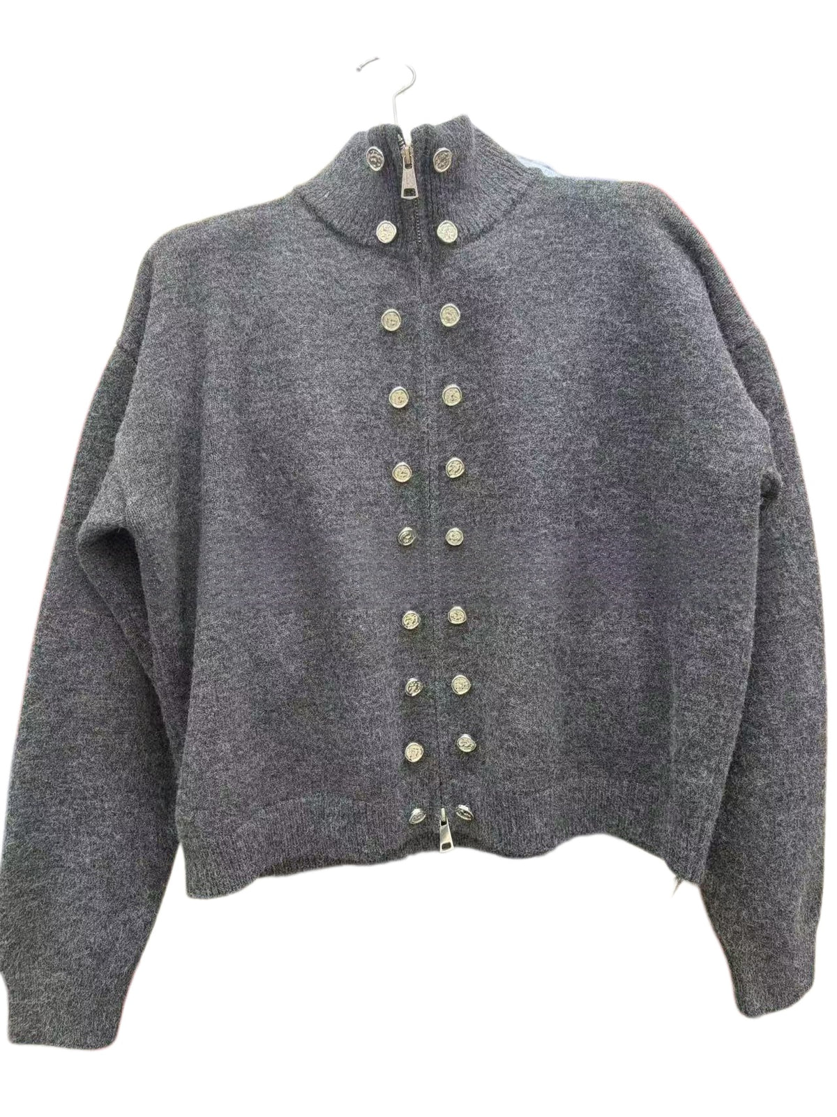 Stand Collar Knit Zip Jacket With Button Detail