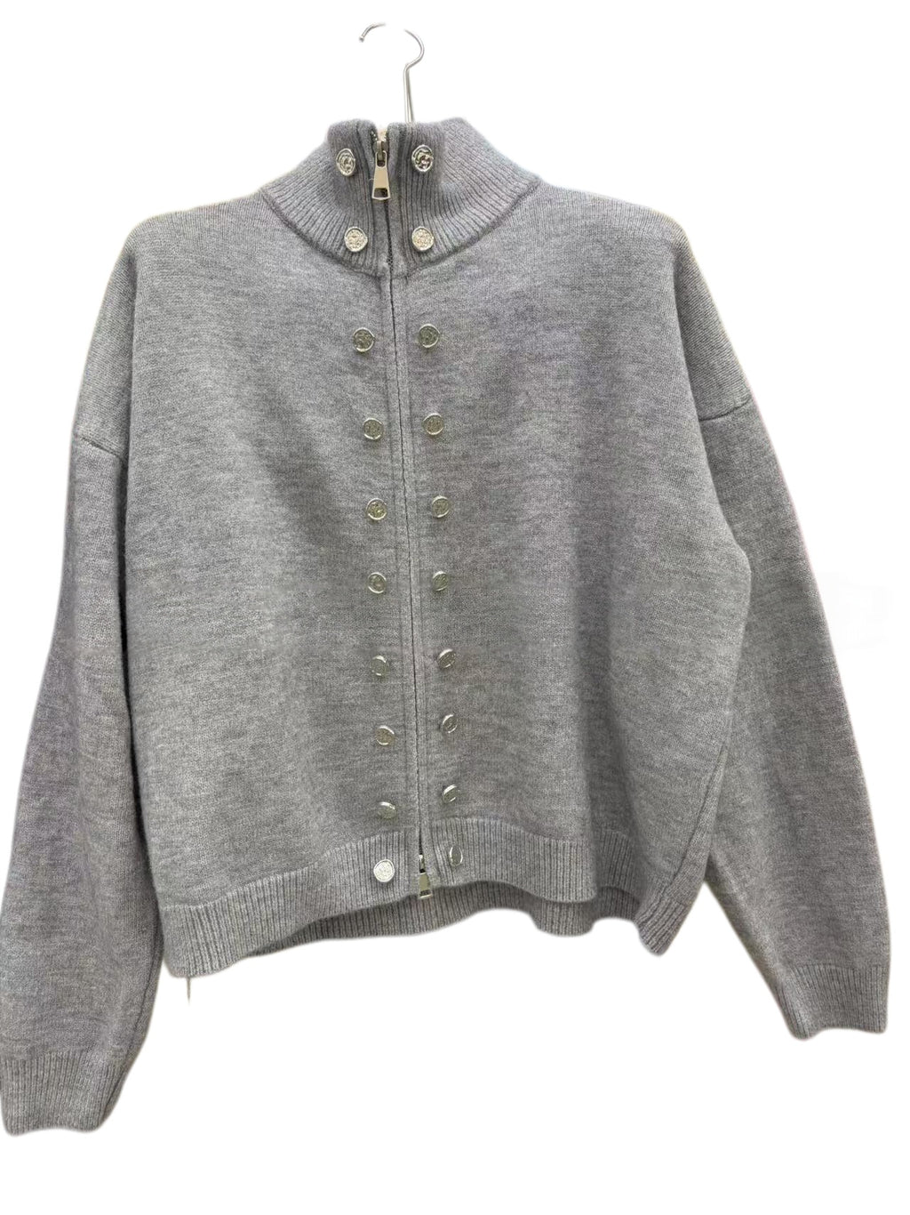 Stand Collar Knit Zip Jacket With Button Detail - view 1