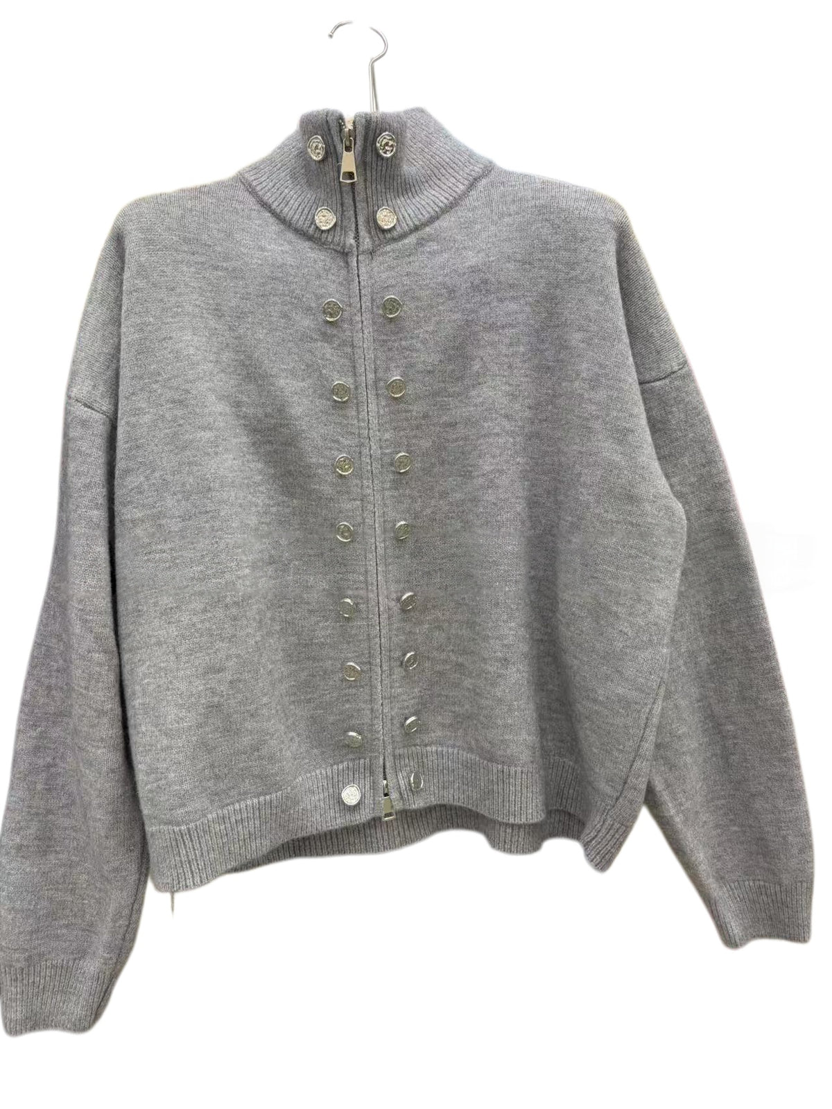 Stand Collar Knit Zip Jacket With Button Detail - view 1