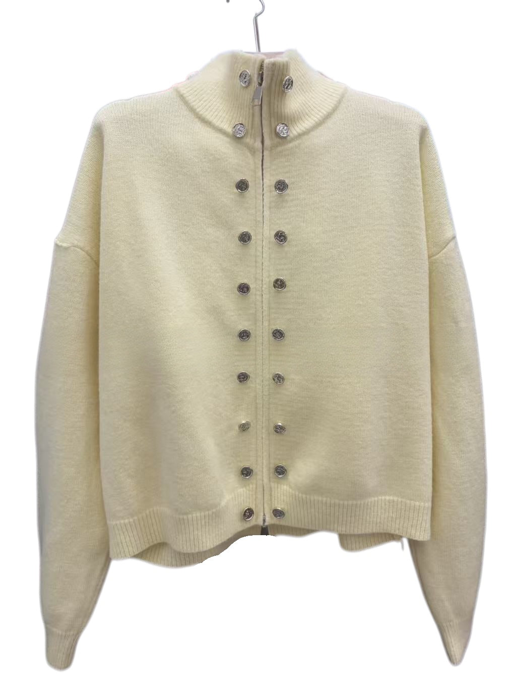 Stand Collar Knit Zip Jacket With Button Detail - view 2