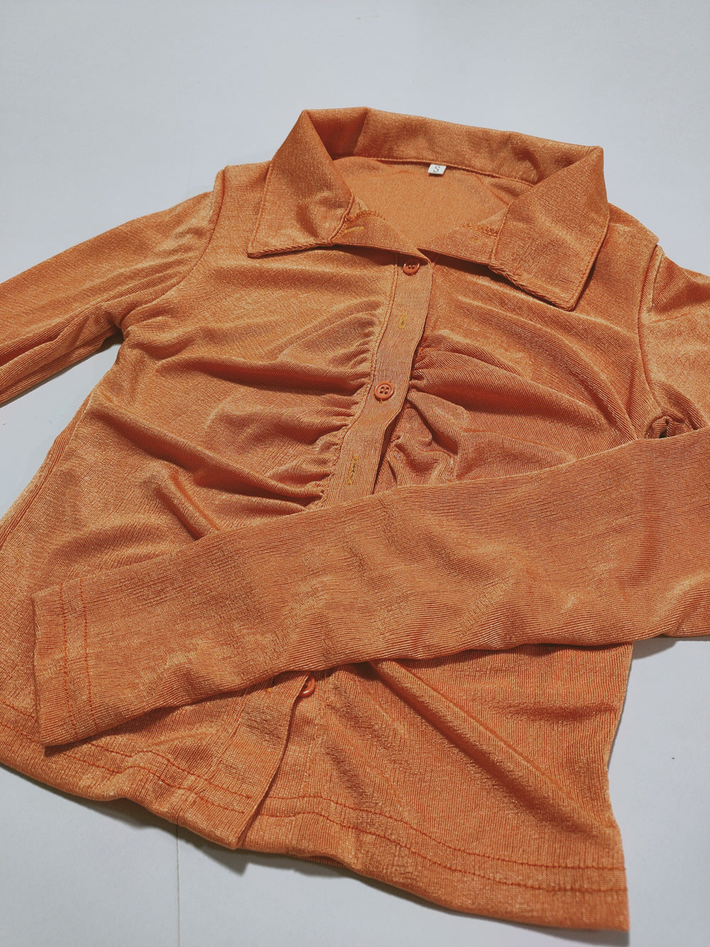 Ruched Front Cropped Button Down Shirt - Orange - 1