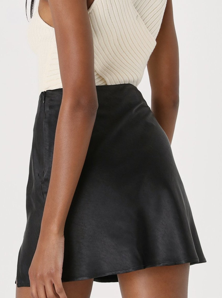 Satin High Waist Slit Mini Skirt - Black - 2