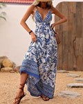 Boho Floral Backless Halter Maxi Dress - Blue