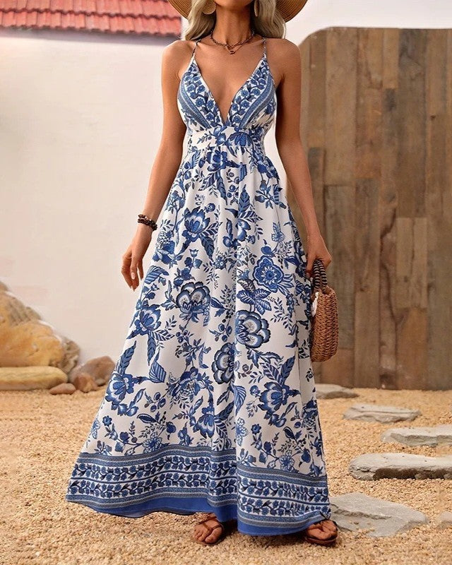 Boho Floral Backless Halter Maxi Dress - Blue - 1