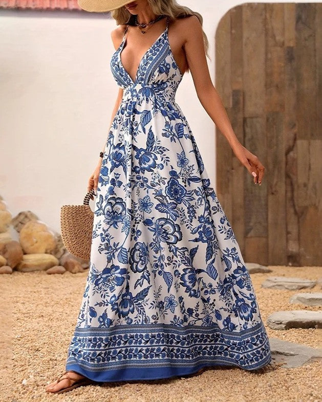 Boho Floral Backless Halter Maxi Dress - Blue - 2