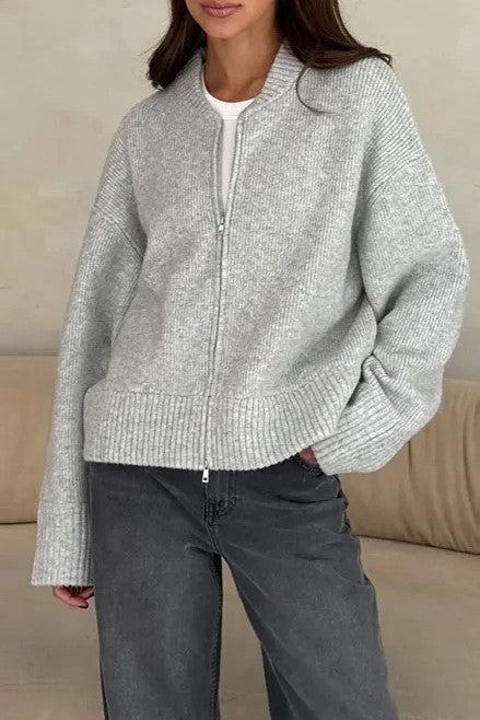 Zip Front Knit Sweater Jacket - grey