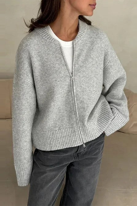 Zip Front Knit Sweater Jacket - grey - 1