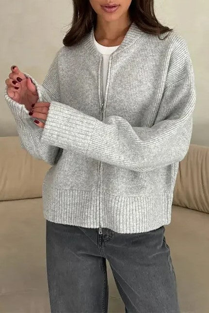 Zip Front Knit Sweater Jacket - grey - 2