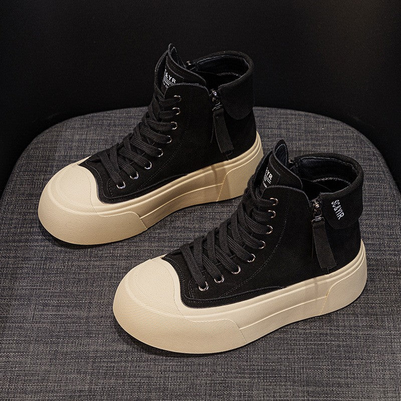 Suede Platform High Top Sneakers with Side Zip - Black