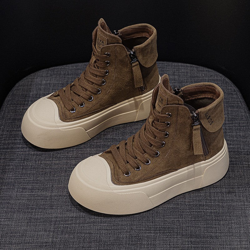 Suede Platform High Top Sneakers with Side Zip - Coffee
