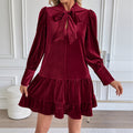 Ribbed Velvet Ruffle Hem Mini Dress - Red