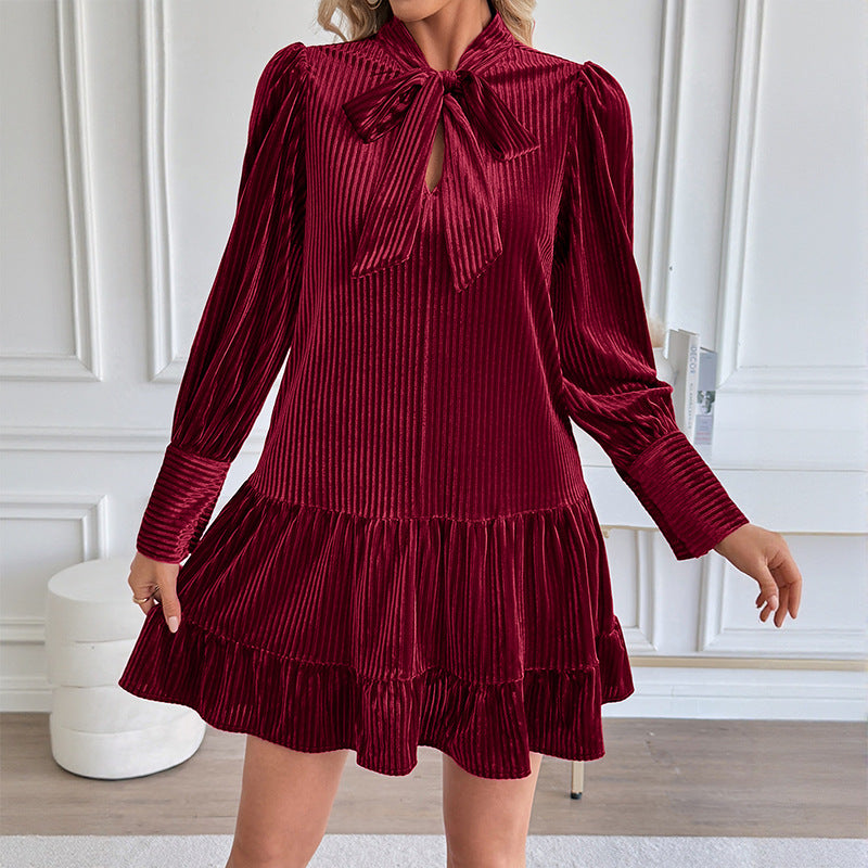 Ribbed Velvet Ruffle Hem Mini Dress - Red
