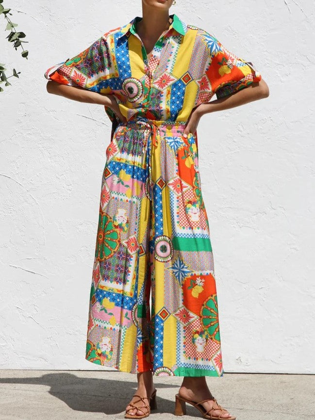 Patchwork Print Shirt And Maxi Skirt Set - Printed
