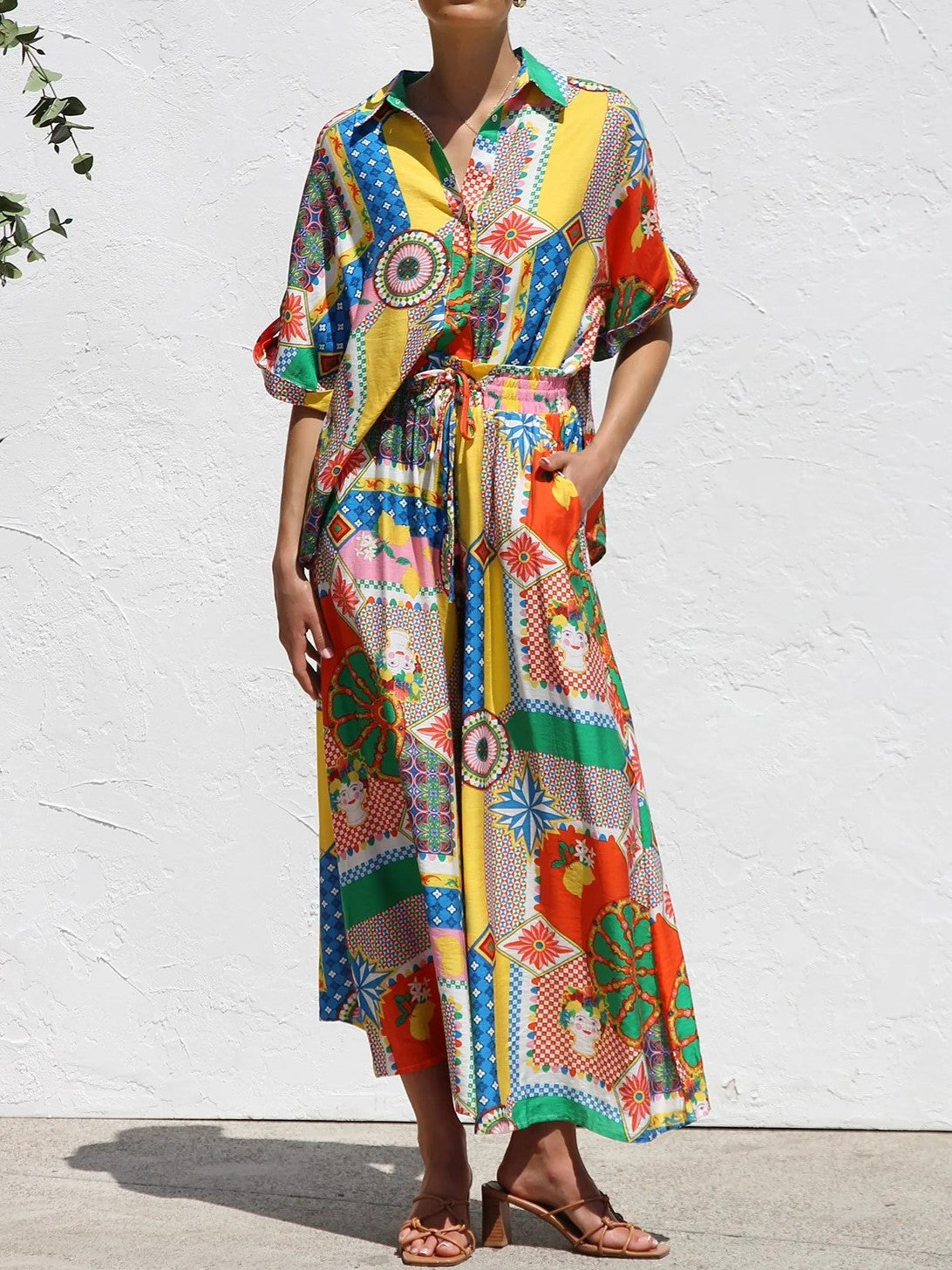 Patchwork Print Shirt And Maxi Skirt Set - Printed - 1