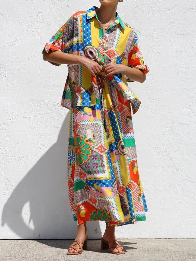 Patchwork Print Shirt And Maxi Skirt Set - Printed - 2