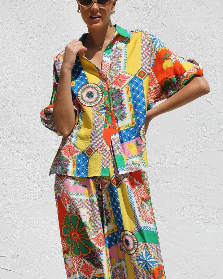 Patchwork Print Shirt And Maxi Skirt Set - Printed - 3