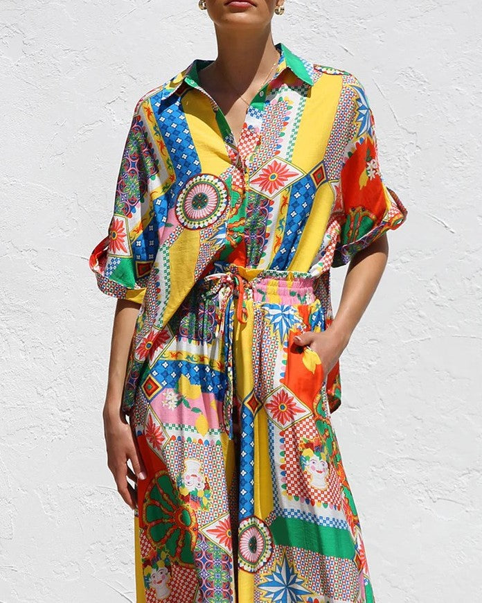 Patchwork Print Shirt And Maxi Skirt Set - Printed - 5