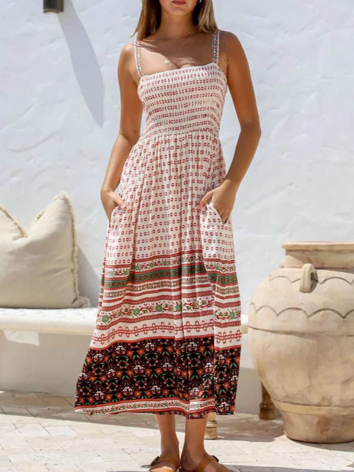 Border Print Smocked Tiered Maxi Sundress - Print