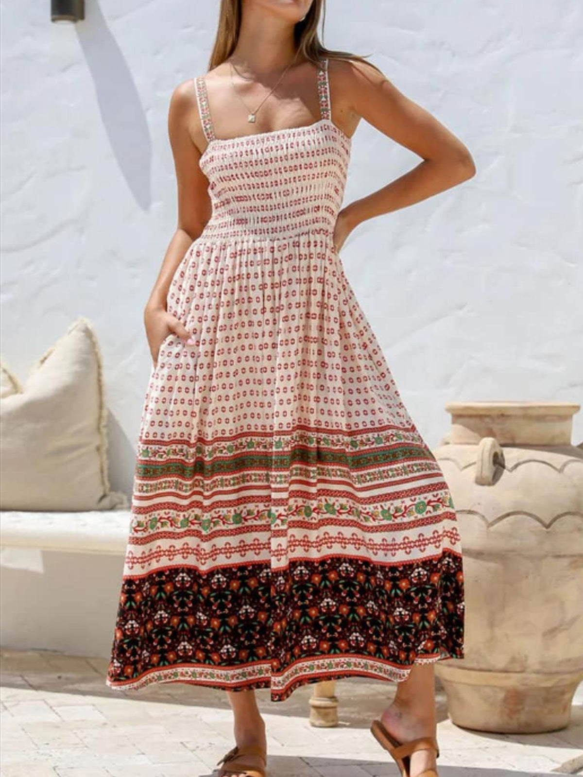 Border Print Smocked Tiered Maxi Sundress - Print - 2