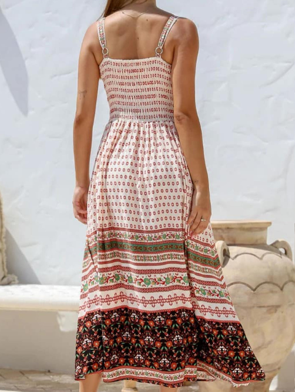 Border Print Smocked Tiered Maxi Sundress - Print - 3