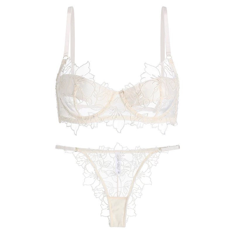 Floral Embroidered Sheer Underwire Bra And Thong Set - Ivory