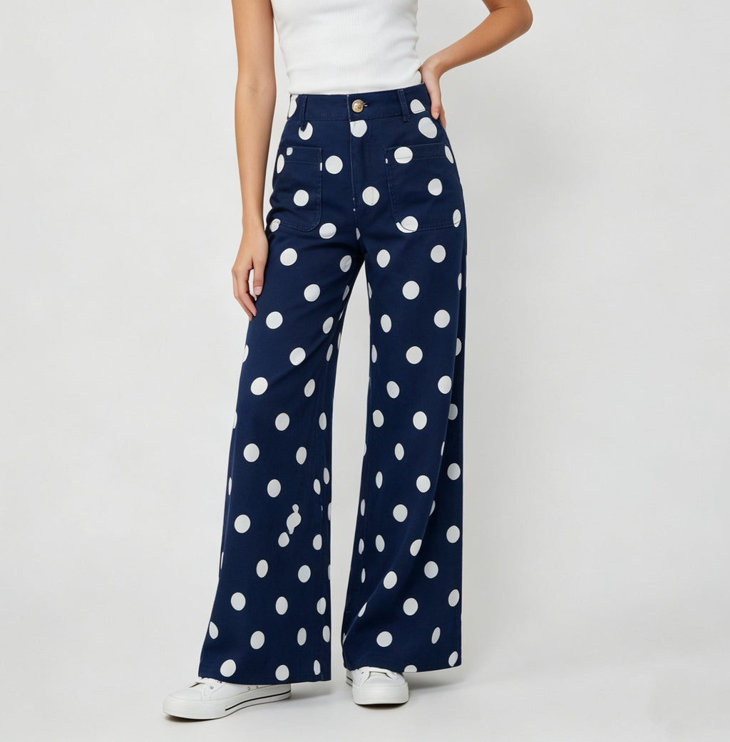 Polka Dot Wide Leg High Waist Jeans - DarkBlue