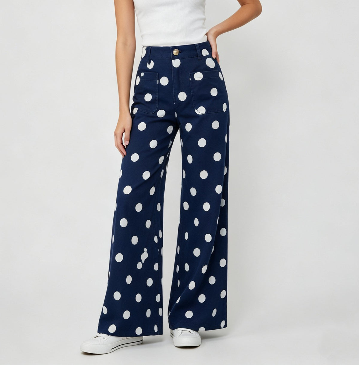 Polka Dot Wide Leg High Waist Jeans - DarkBlue