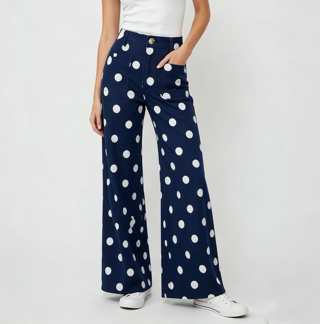 Polka Dot Wide Leg High Waist Jeans - DarkBlue - 2